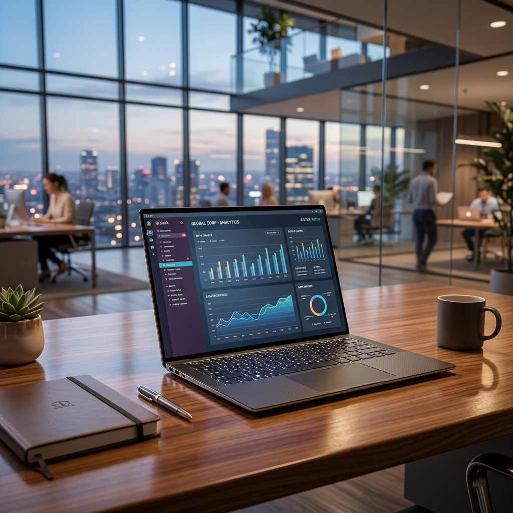Notebook corporativo premium em mesa de escritório executivo