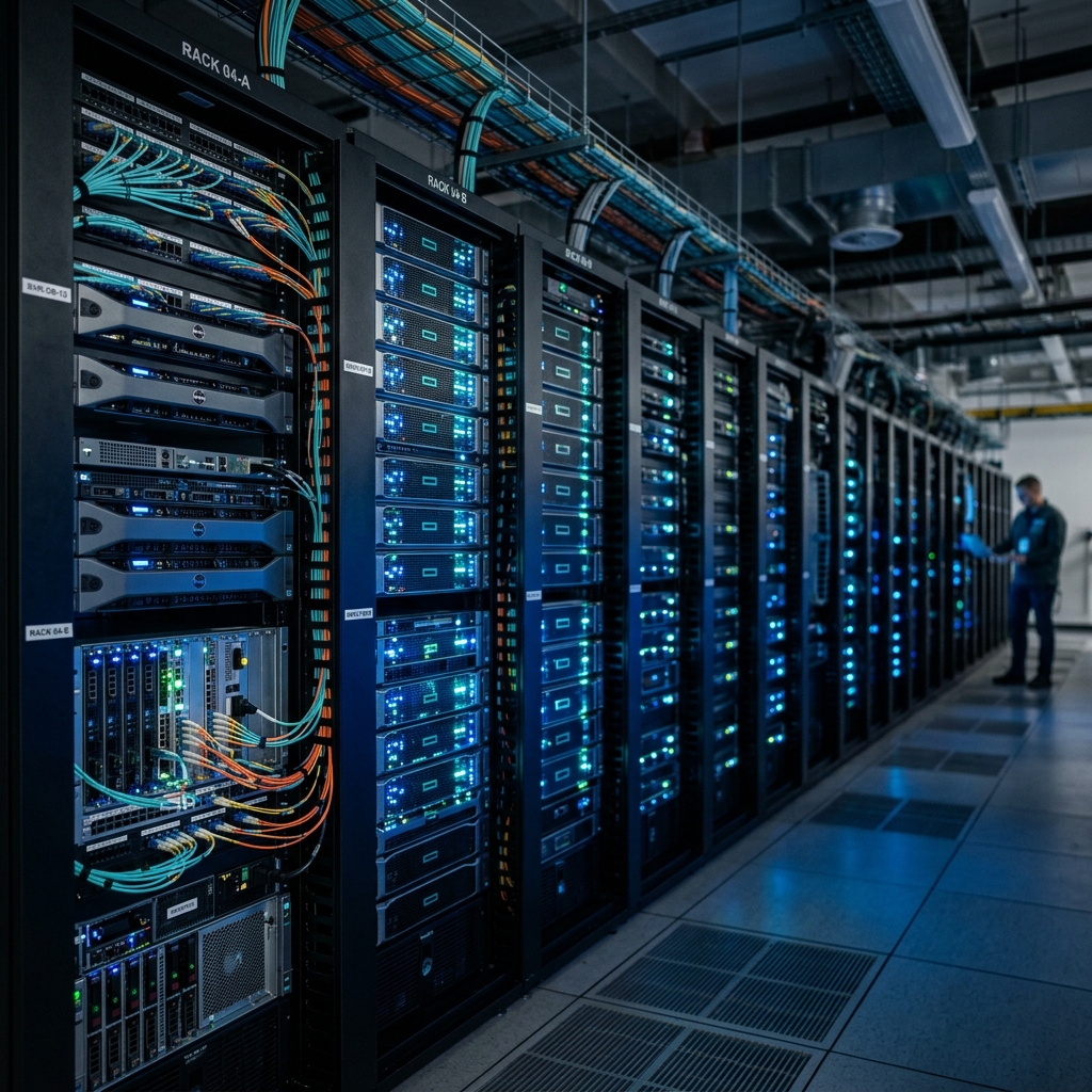 Servidores em rack de datacenter moderno com iluminação técnica